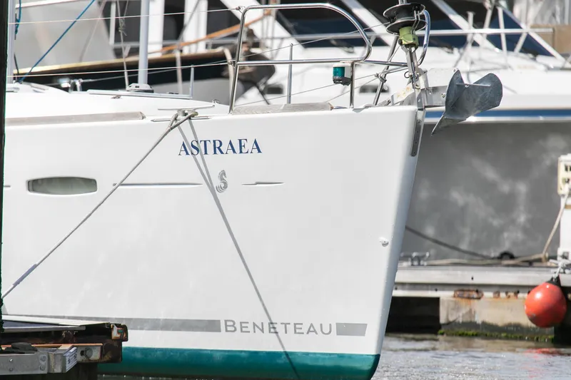 Slide: The Image of Beneteau 43 sailboat named Astraea docked in a marina, 2008 model. - 8