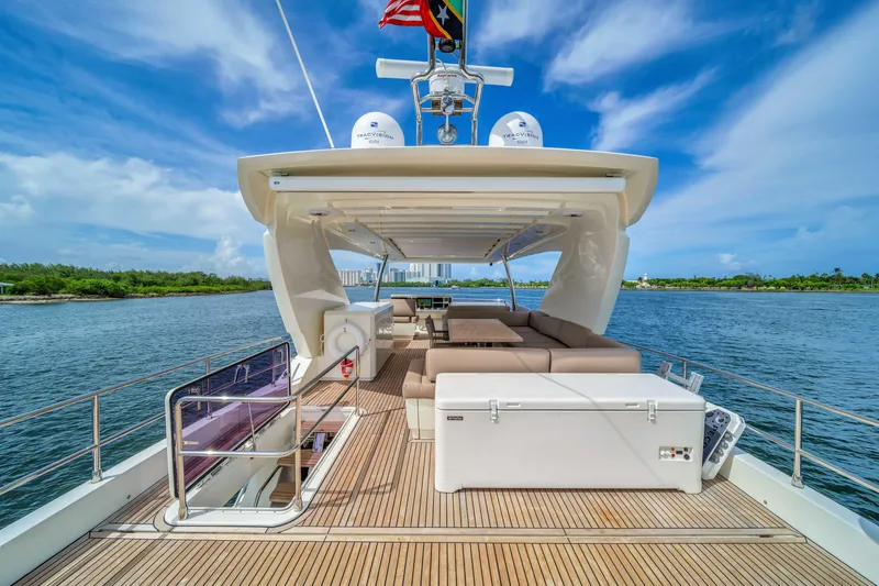 Slide: The Image of Luxurious 2015 Prestige 750 yacht deck with seating, ocean view, and clear blue sky. - 23