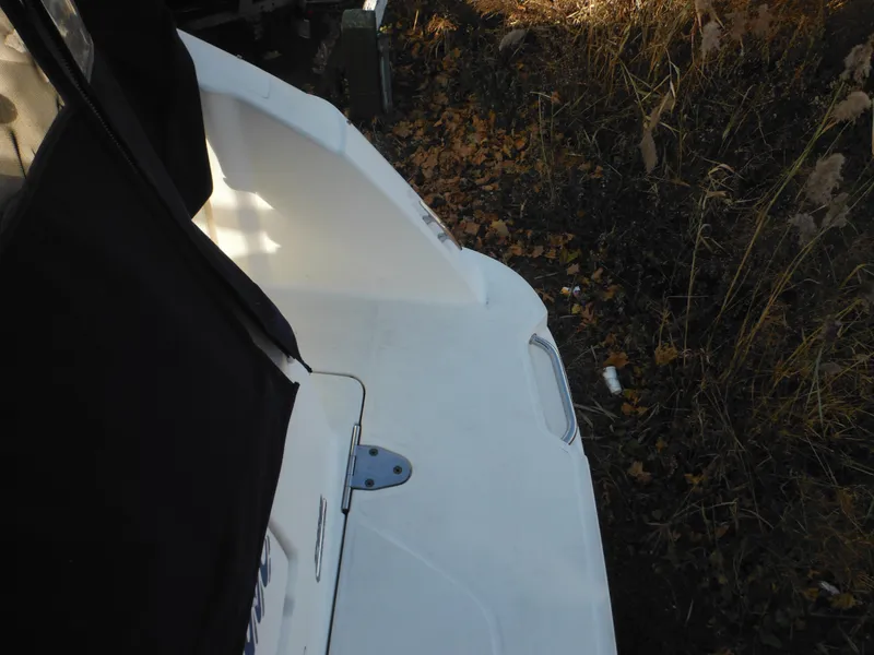 Slide: The Image of 2010 Sea Ray 260 Sundancer boat, white deck, black cover, surrounded by dry grass. - 34