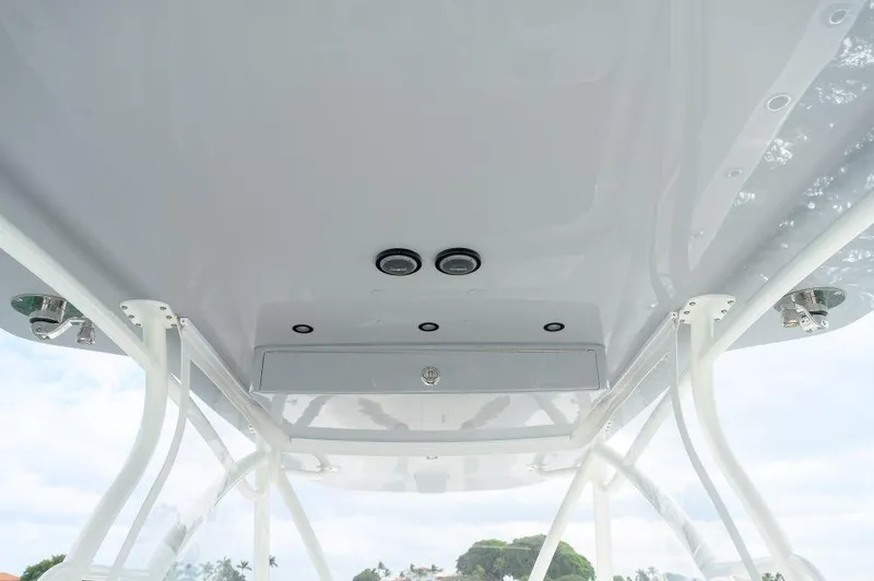 Slide: The Image of 2023 SeaVee 420Z boat canopy with integrated lighting and support structure. - 8