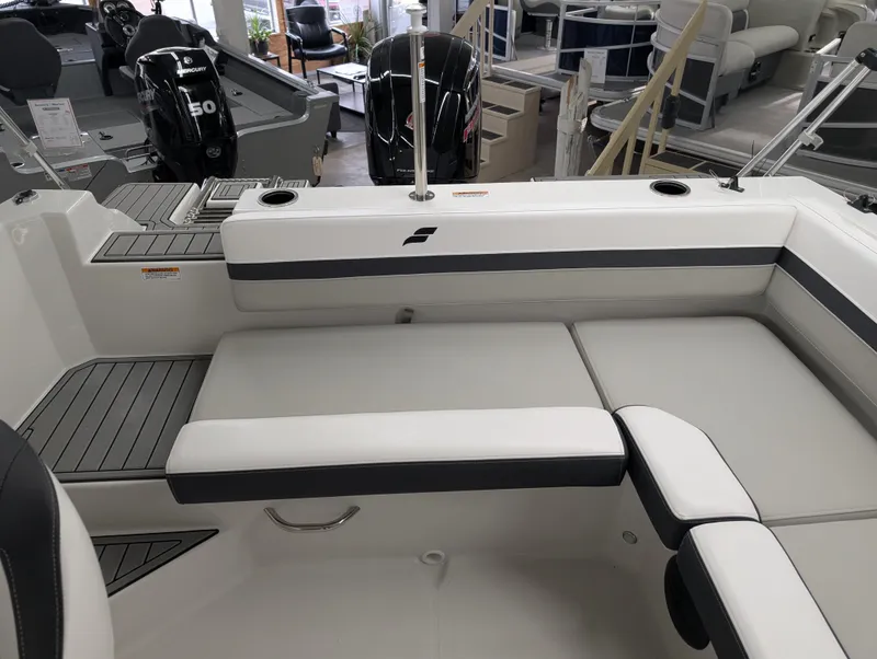 Slide: The Image of 2025 Starcraft SVX 191 OB boat interior with cushioned seating and modern design. - 8