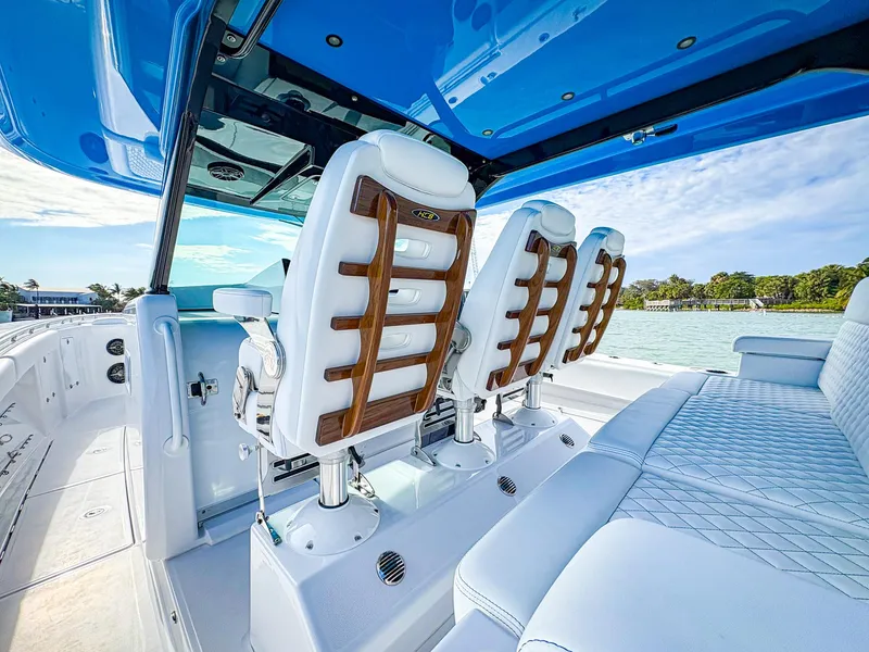 Slide: The Image of Luxurious interior of 2025 HCB 48 Campeon boat with plush seating and sleek design. - 16