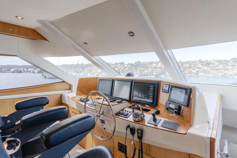 Slide: The Image of Helm of 2006 Hatteras 80 Motor Yacht with modern navigation equipment and panoramic view. - 43