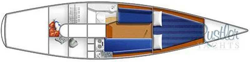 Slide: The Image of Floor plan of 2025 Rustler 33 yacht, featuring cabin layout and interior design. - 23