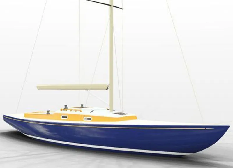 Slide: The Image of 2025 Rustler 33 sailboat with blue hull and yellow deck, side view. - 24