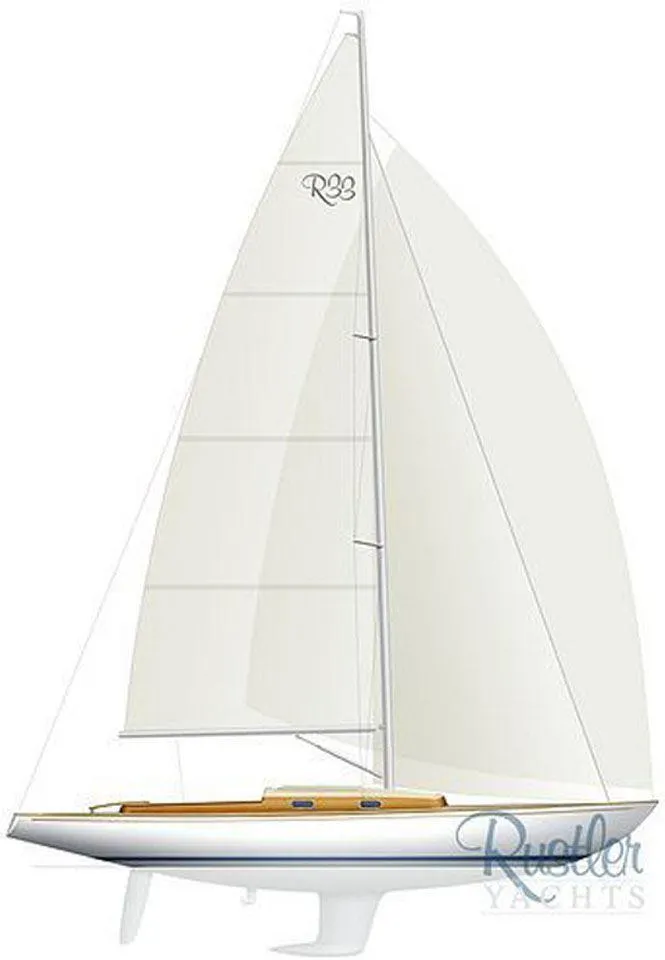 Slide: The Image of 2025 Rustler 33 sailboat illustration with sleek design and white sails. - 28