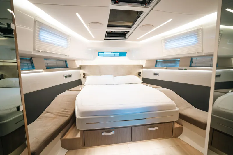 Slide: The Image of Luxurious interior cabin of 2022 Fjord 52 Open yacht with modern design and comfortable bedding. - 34