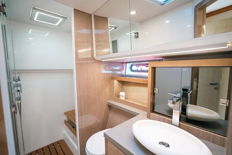 Slide: The Image of Modern bathroom interior on 2022 Fjord 52 Open yacht, featuring sleek design and elegant fixtures. - 37