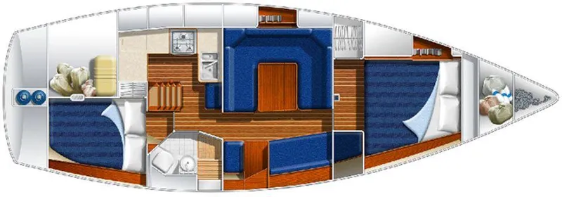Slide: The Image of 2025 Rustler 37 yacht interior layout with blue seating, kitchen, and sleeping areas. - 49
