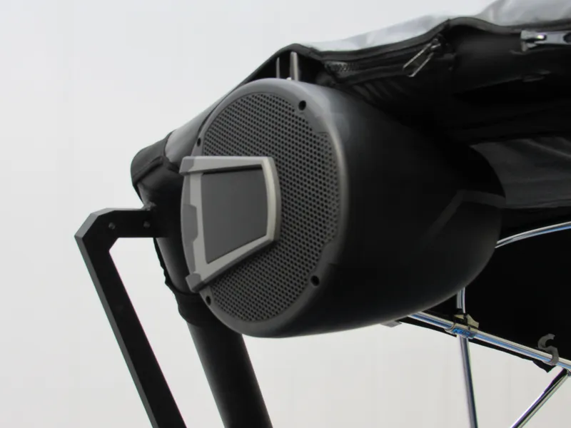 Slide: The Image of 2025 Axis A225 boat speaker under canopy, black and sleek design. - 15