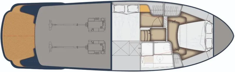 Slide: The Image of Floor plan of a 2025 Rustler 41 yacht, showcasing interior layout and engine placement. - 44
