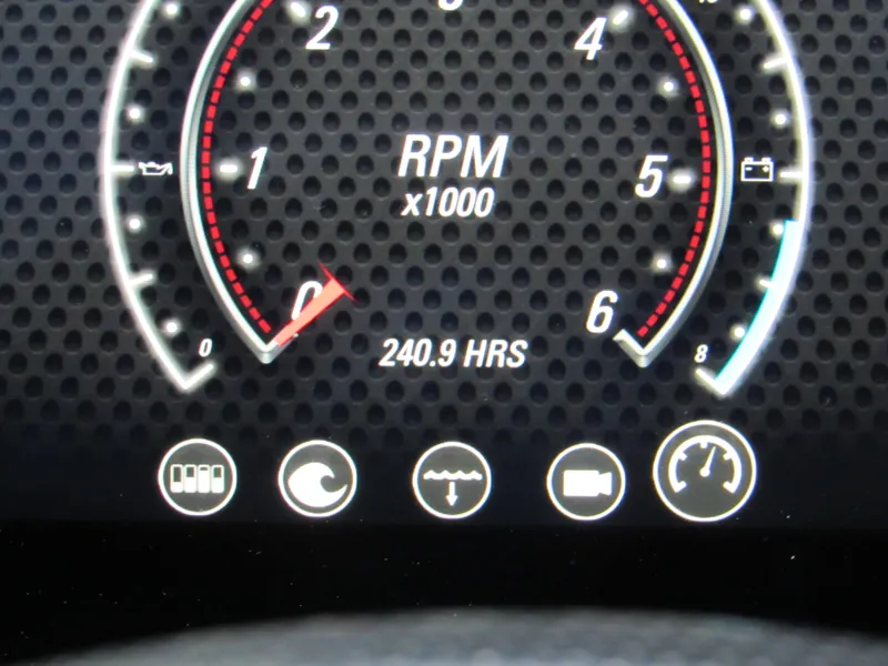Slide: The Image of 2020 Malibu Wakesetter 23 MXZ dashboard showing RPM gauge and 240.9 hours usage. - 10