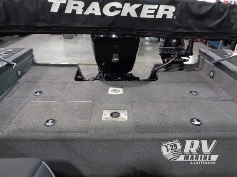 Slide: The Image of 2018 Targa V-18 WT boat deck with Tracker branding, showcased at RV Marine & Outdoor. - 5