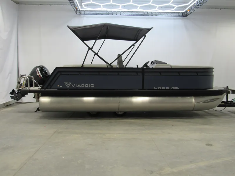 The Image of 2025 Viaggio Lago V20U pontoon boat with canopy in a showroom. - 0