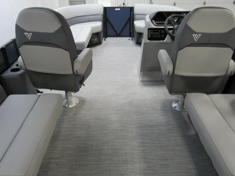 Slide: The Image of 2025 Viaggio Lago V20U boat interior with gray seating and modern dashboard. - 3