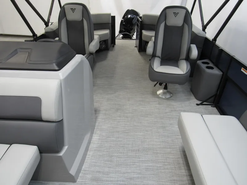 Slide: The Image of Interior of 2025 Viaggio Lago V20U pontoon boat with modern seating and sleek design. - 4
