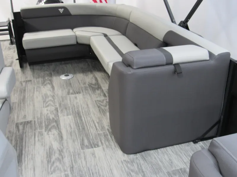 Slide: The Image of 2025 Viaggio Lago X22C interior with gray seating and wood-style flooring. - 9