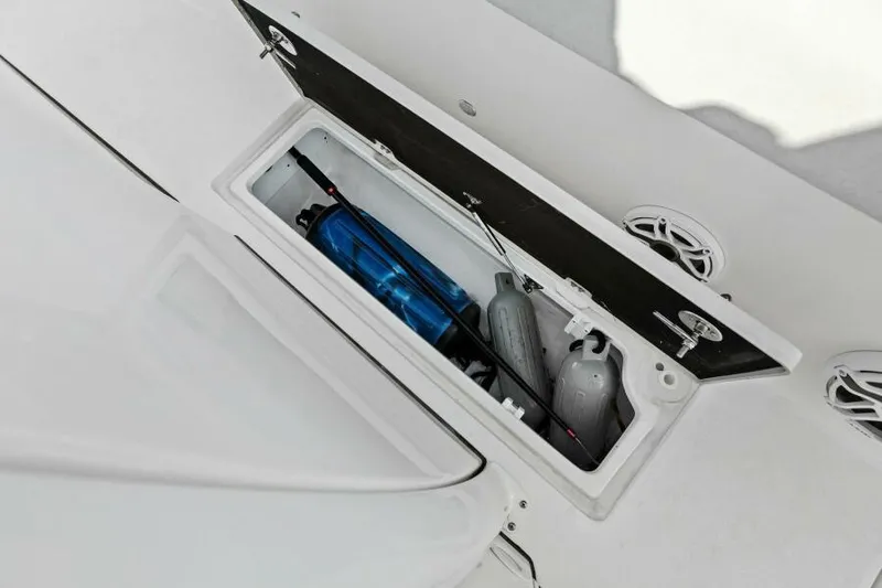 Slide: The Image of Storage compartment on 2024 Sea Fox 328 Commander boat, featuring organized equipment. - 20