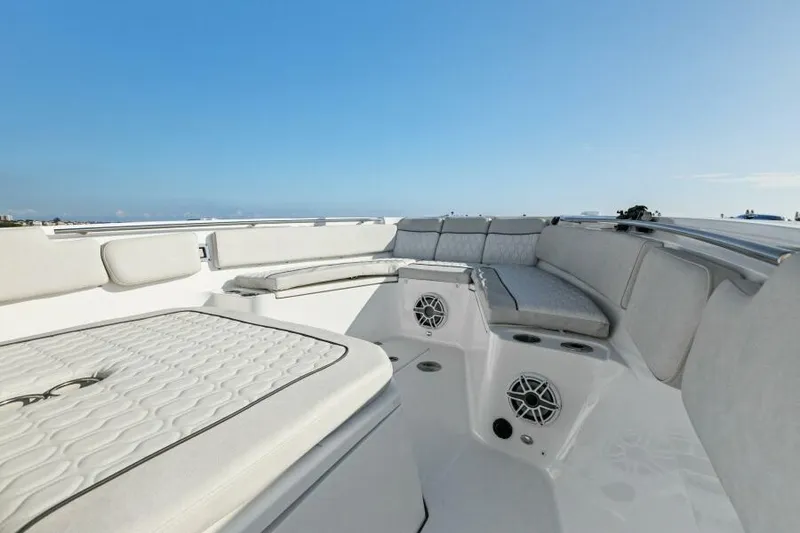 Slide: The Image of 2024 Sea Fox 328 Commander boat interior with spacious seating and modern design. - 33