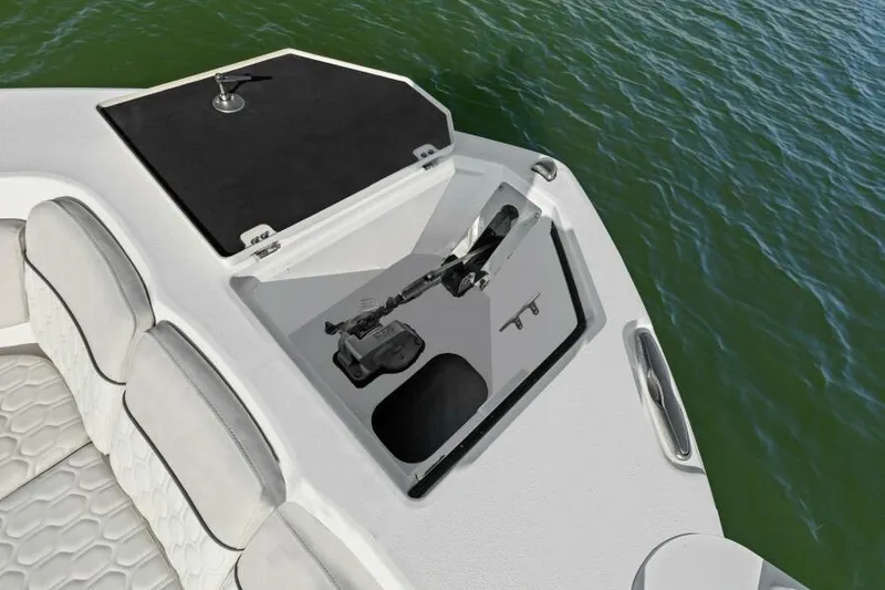Slide: The Image of 2024 Sea Fox 328 Commander boat with open storage compartment on deck. - 36