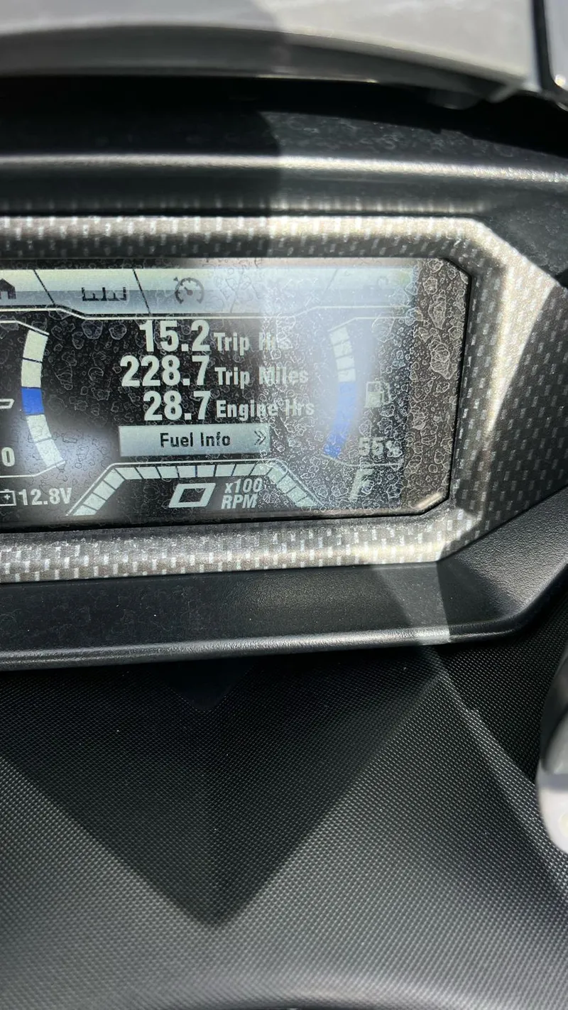 Slide: The Image of Close-up of 2020 Yamaha WaveRunner FX Cruiser SVHO dashboard display showing trip and engine data. - 16