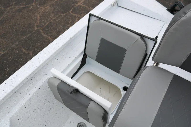 Slide: The Image of 2025 Xpress H20B boat seat with storage compartment, featuring gray upholstery. - 27