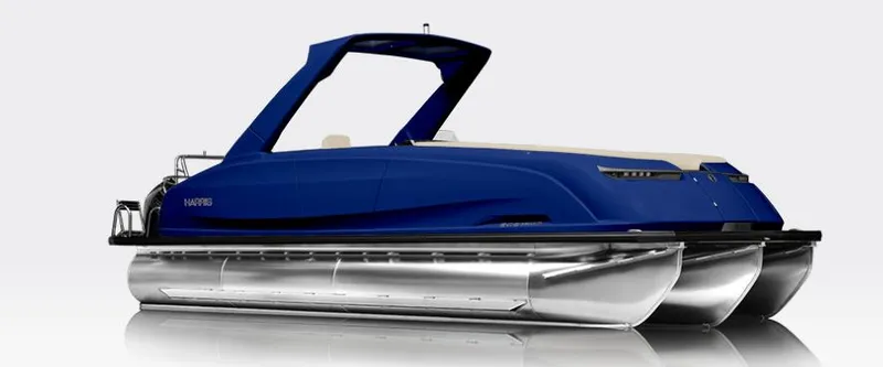 Slide: The Image of 2025 Harris Crowne SL 250 pontoon boat, sleek blue design, modern luxury features. - 7