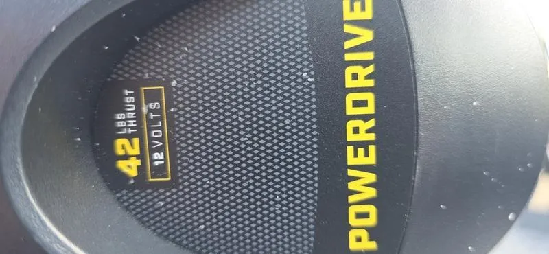 Slide: The Image of PowerDrive motor label showing 42 lbs thrust, 12 volts, on Tracker PG V16 WT 2025. - 8