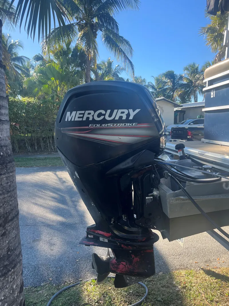 Slide: The Image of 2017 Crestliner 200 RALLY with Mercury outboard motor, parked outdoors under palm trees. - 7