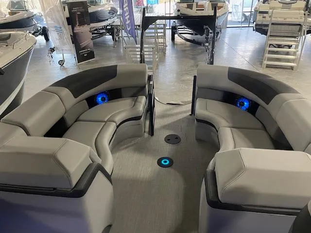 Slide: The Image of Luxurious 2025 South Bay 500 boat interior with plush seating and ambient lighting. - 5