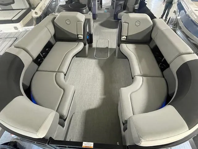 Slide: The Image of 2025 South Bay 500 boat interior with spacious gray seating and modern design. - 6