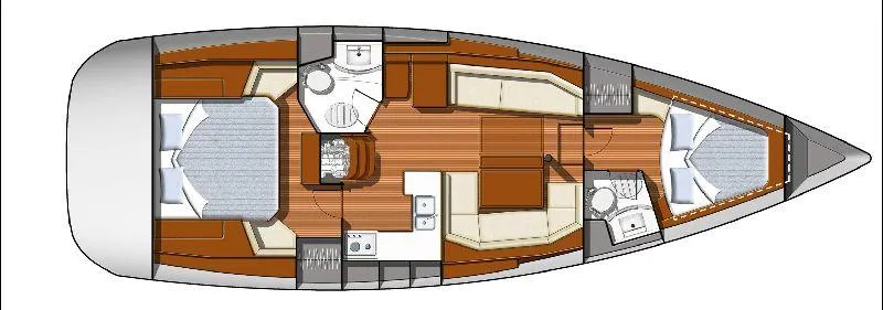 Slide: The Image of Floor plan of 2006 Jeanneau Sun Odyssey 42 DS sailboat, featuring cabins and living areas. - 10