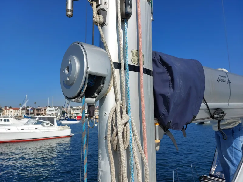 Slide: The Image of Close-up of Jeanneau Sun Odyssey 42 DS sailboat mast and rigging, 2006 model, in a marina. - 46