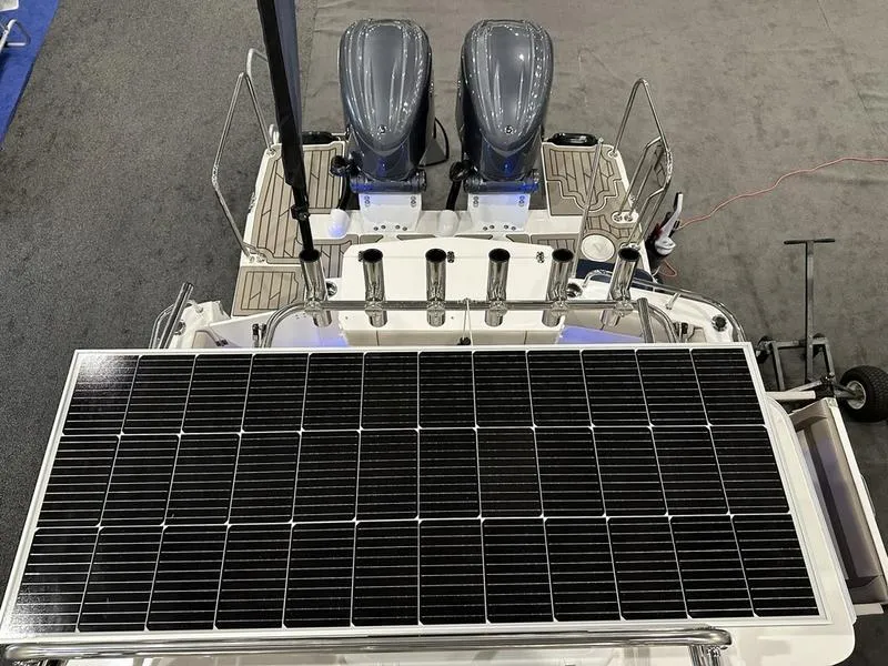 Slide: The Image of 2025 Cutwater C-32 CB LE boat with solar panel and dual engines, top view. - 18