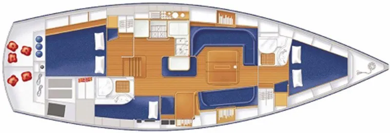 Slide: The Image of Floor plan of a 2025 Rustler 42 yacht, featuring spacious cabins and modern amenities. - 26