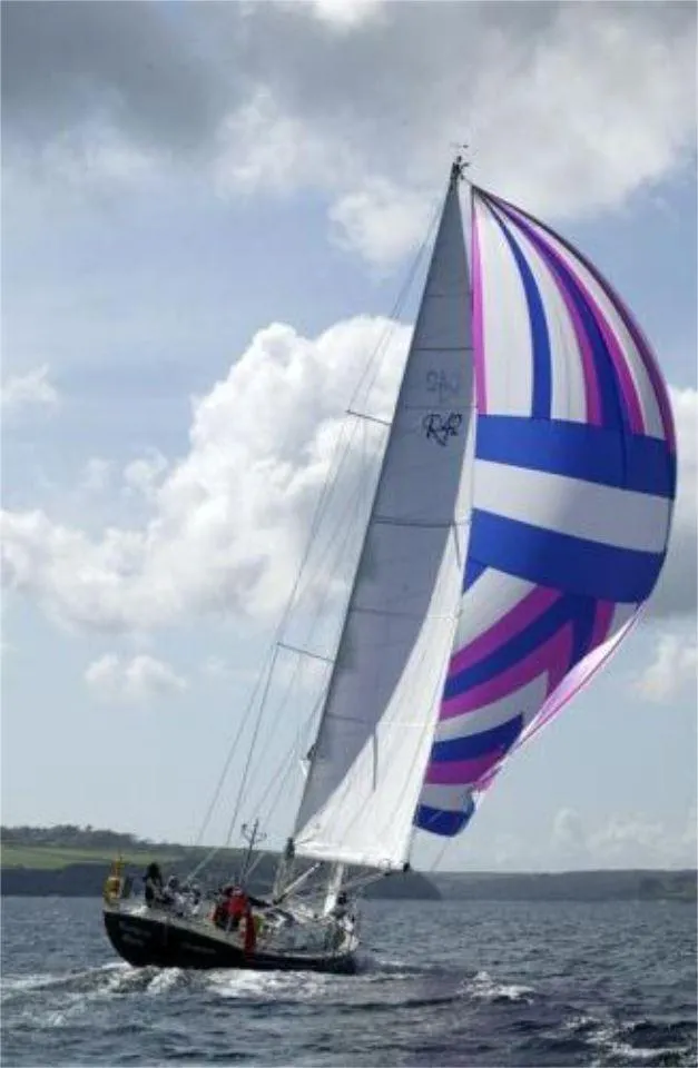 Slide: The Image of Sailing yacht Rustler 42 (2025) with colorful spinnaker on open water. - 3