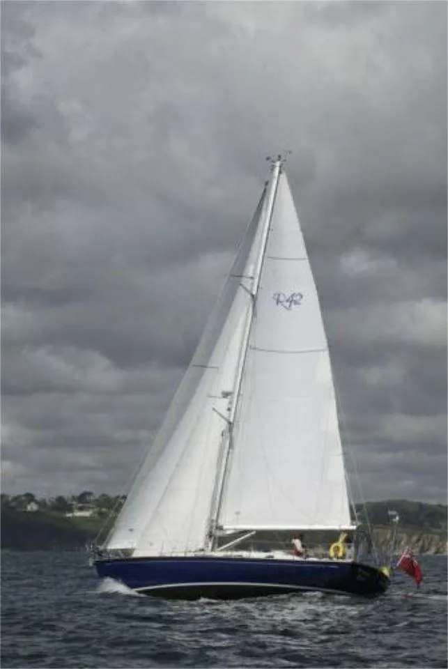 Slide: The Image of Sailing yacht Rustler 42, 2025 model, navigating under cloudy skies. - 4