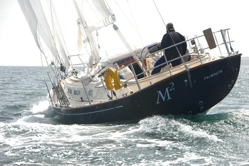 Slide: The Image of Sailing yacht Rustler 42, 2025 model, navigating ocean waves with full sails. - 7