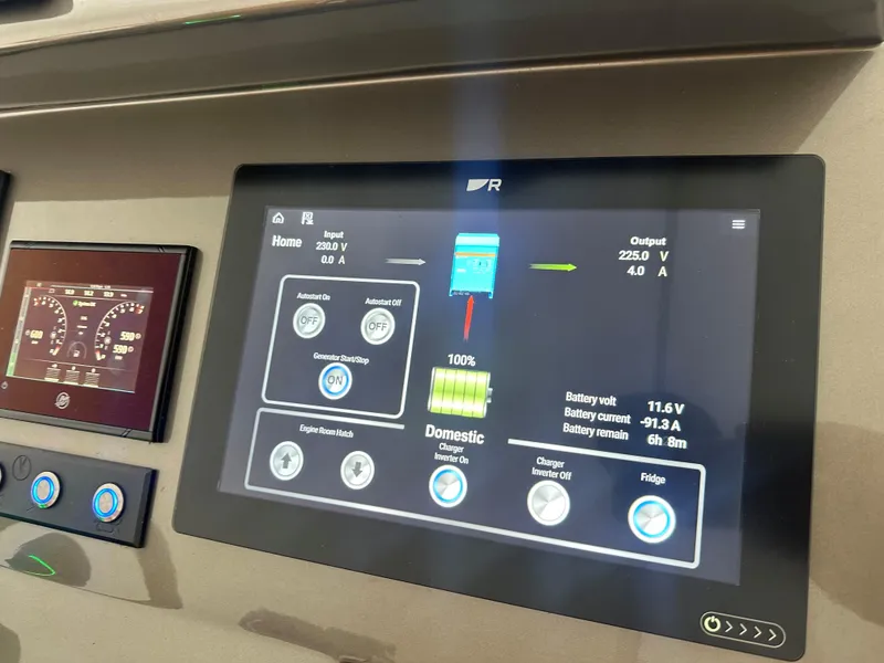 Slide: The Image of Control panel of 2021 Vanquish Yachts VQ40 displaying battery and system information. - 20