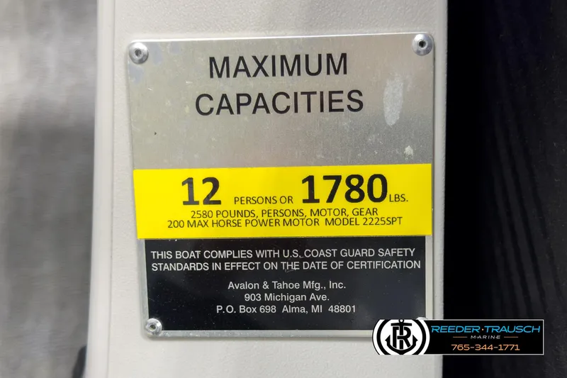 Slide: The Image of Avalon 2285 LSZ CRB 2020 boat capacity label, 12 persons or 1780 lbs. - 48