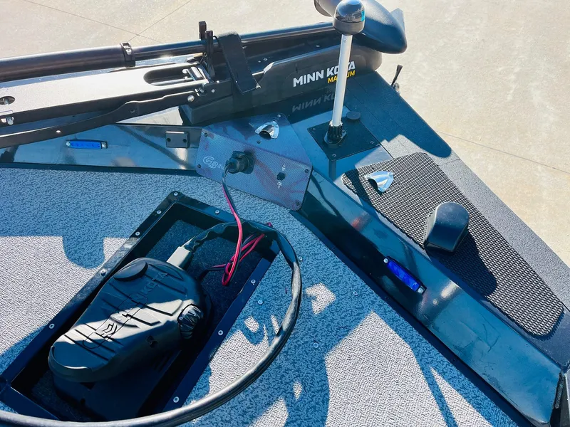 Slide: The Image of 2020 G3 Sportsman 1910 boat deck with Minn Kota trolling motor and foot pedal controls. - 12