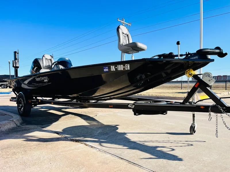 Slide: The Image of 2020 G3 Sportsman 1910 boat on trailer, parked outdoors under clear blue sky. - 3