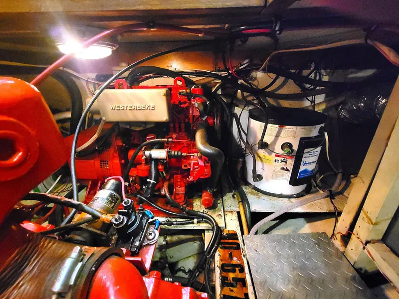 Slide: The Image of Engine room of 1983 Marine Trader 34 Trawler with Westerbeke engine. - 30