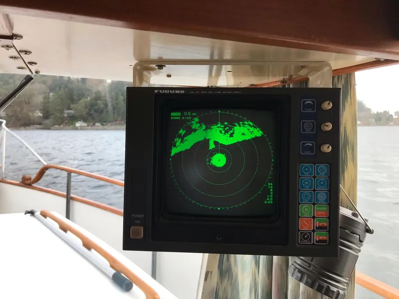 Slide: The Image of Radar display on 1969 Grand Banks 42 Classic boat, showing navigation data. - 37