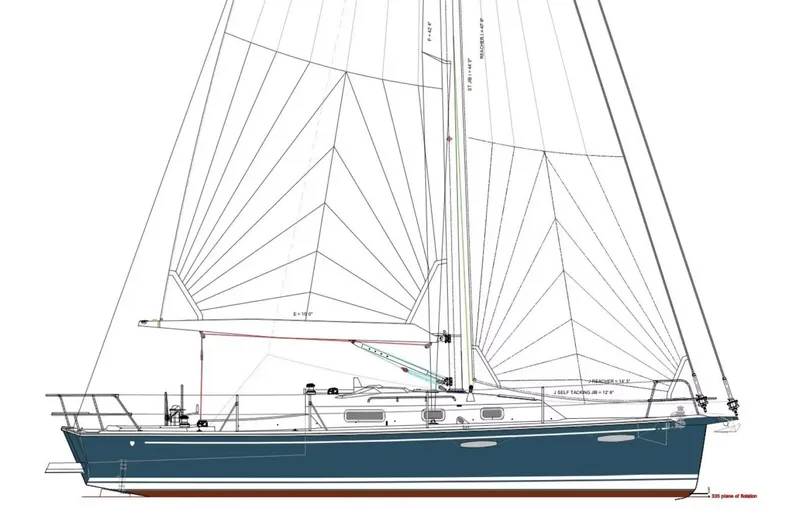 The Image of Side view of 2025 Tartan 335 sailboat design with detailed sail plan. - 0