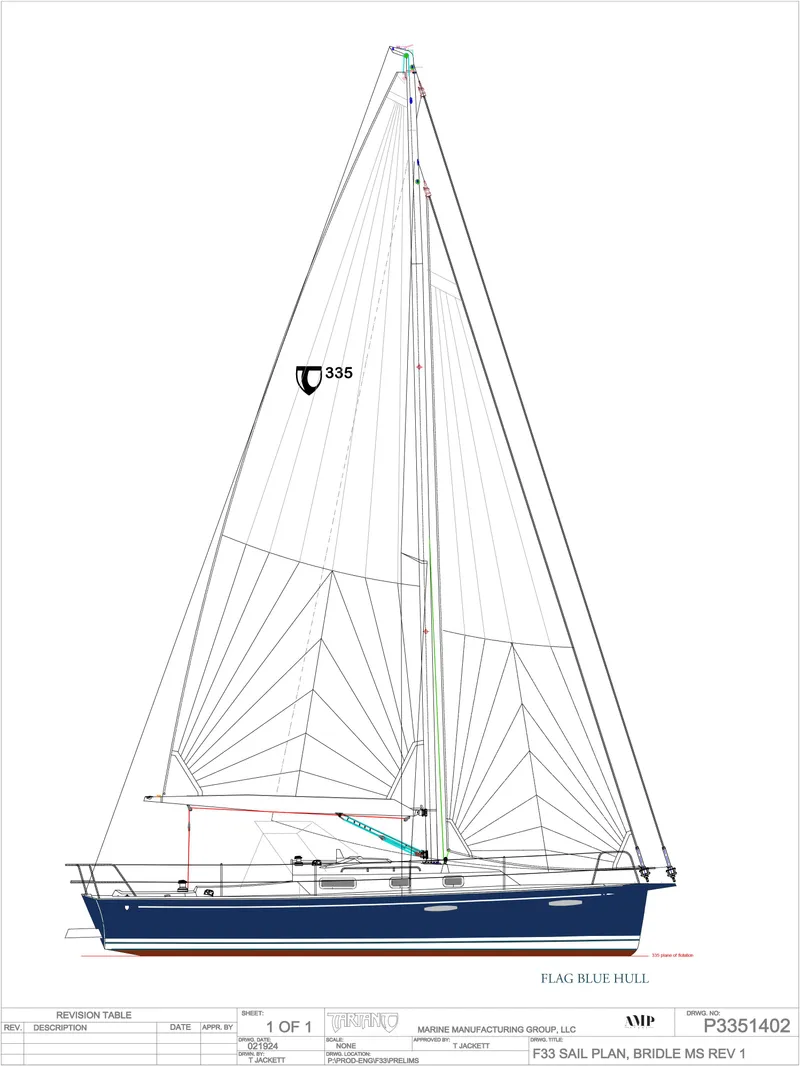 Slide: The Image of 2025 Tartan 335 sailboat blueprint with flag blue hull design. - 2