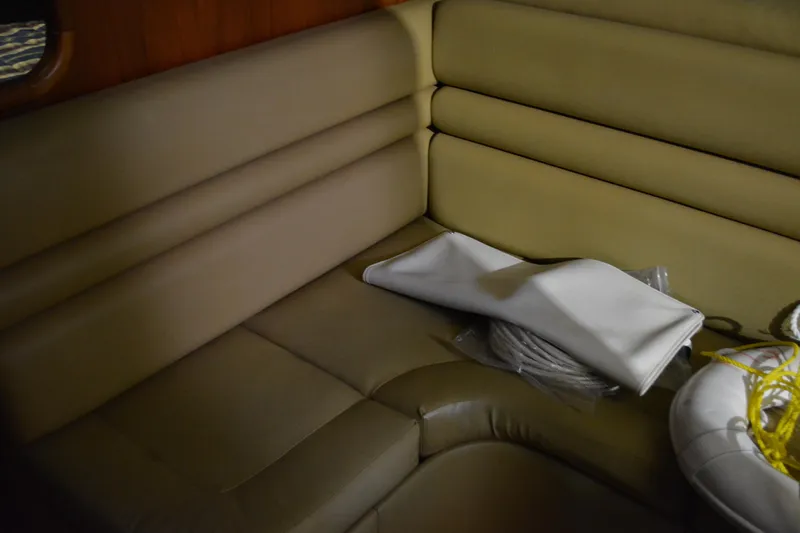 Slide: The Image of Interior of 1999 Pursuit 3400 Express with nautical-themed rug and wooden flooring. - 28