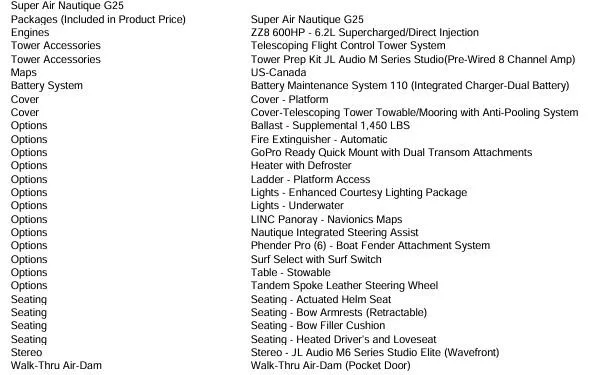Slide: The Image of Specifications list for 2022 Nautique Super Air Nautique G25 boat model. - 13