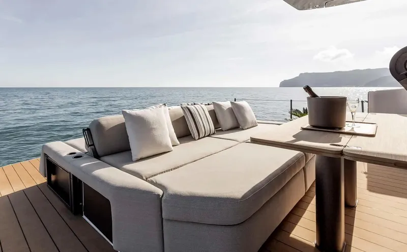 Slide: The Image of Luxurious Azimut Seadeck 6 yacht deck with elegant seating, ocean view, 2025 model. - 8