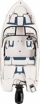 Slide: The Image of 2021 Tahoe 450 TS boat, aerial view, white and blue design, outboard motor. - 10
